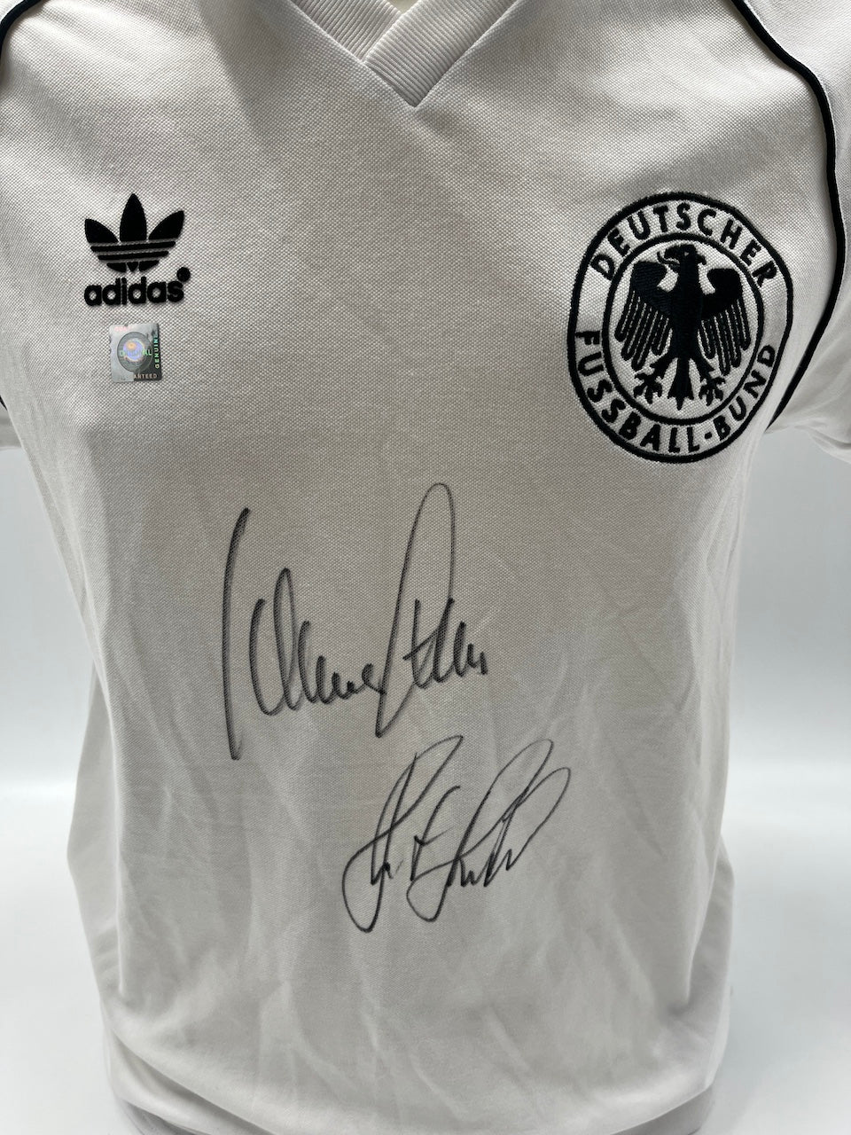 DFB Repro Trikot Klaus Fischer & Horst Hrubesch signiert Adidas COA S