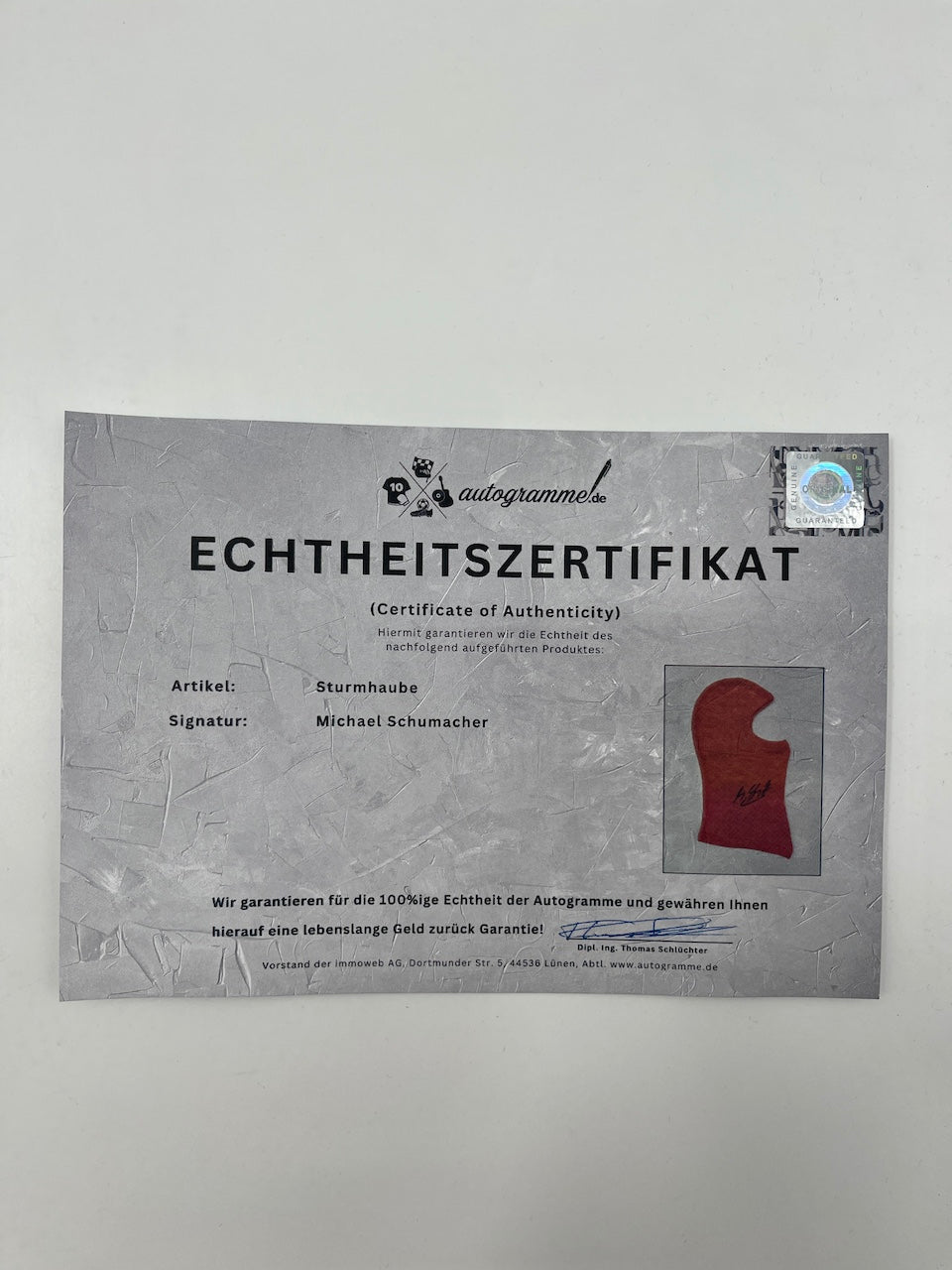 Michael Schumacher signierte Sturmhaube Formel 1