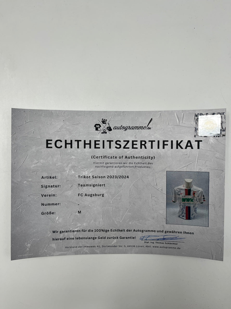 FC Augsburg Trikot 2023/2024 Teamsigniert COA Bundesliga M