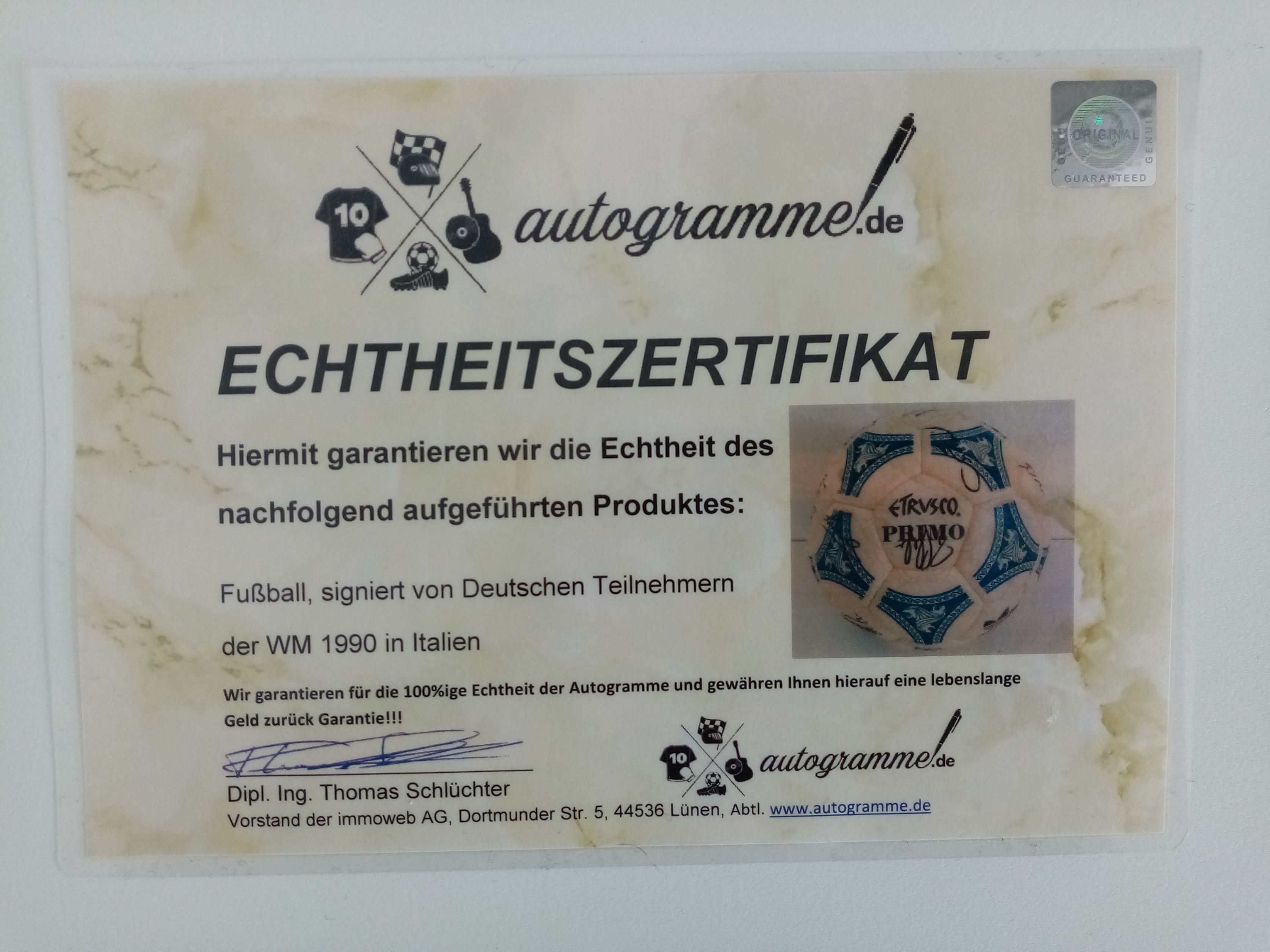 Football team signed World Cup 1990 in showcase dfb signature Germany Coa adidas
