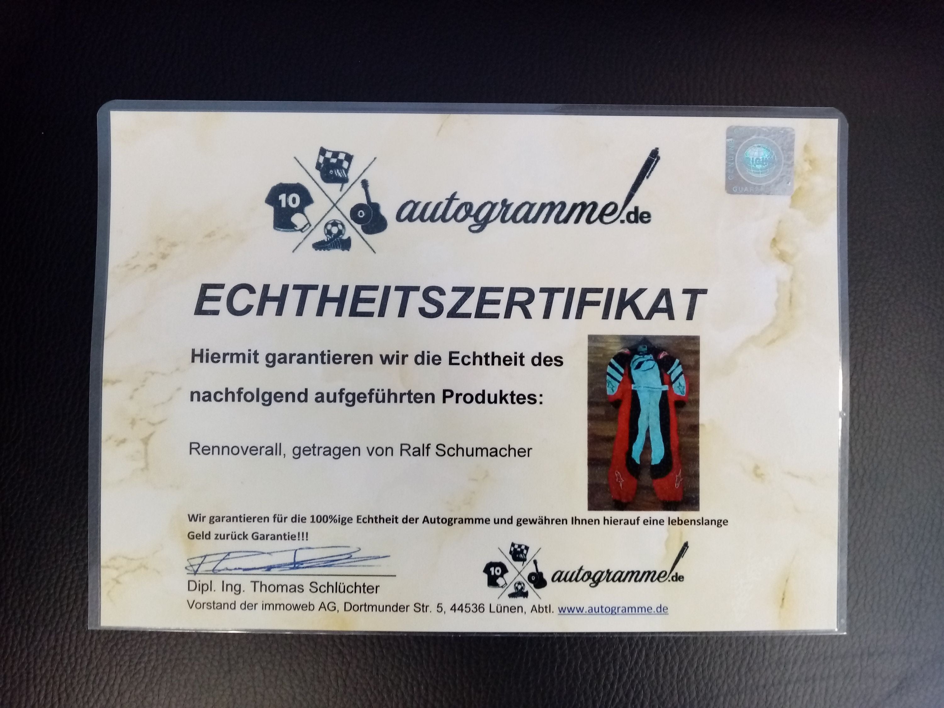 Racing overall worn by Ralf Schumacher