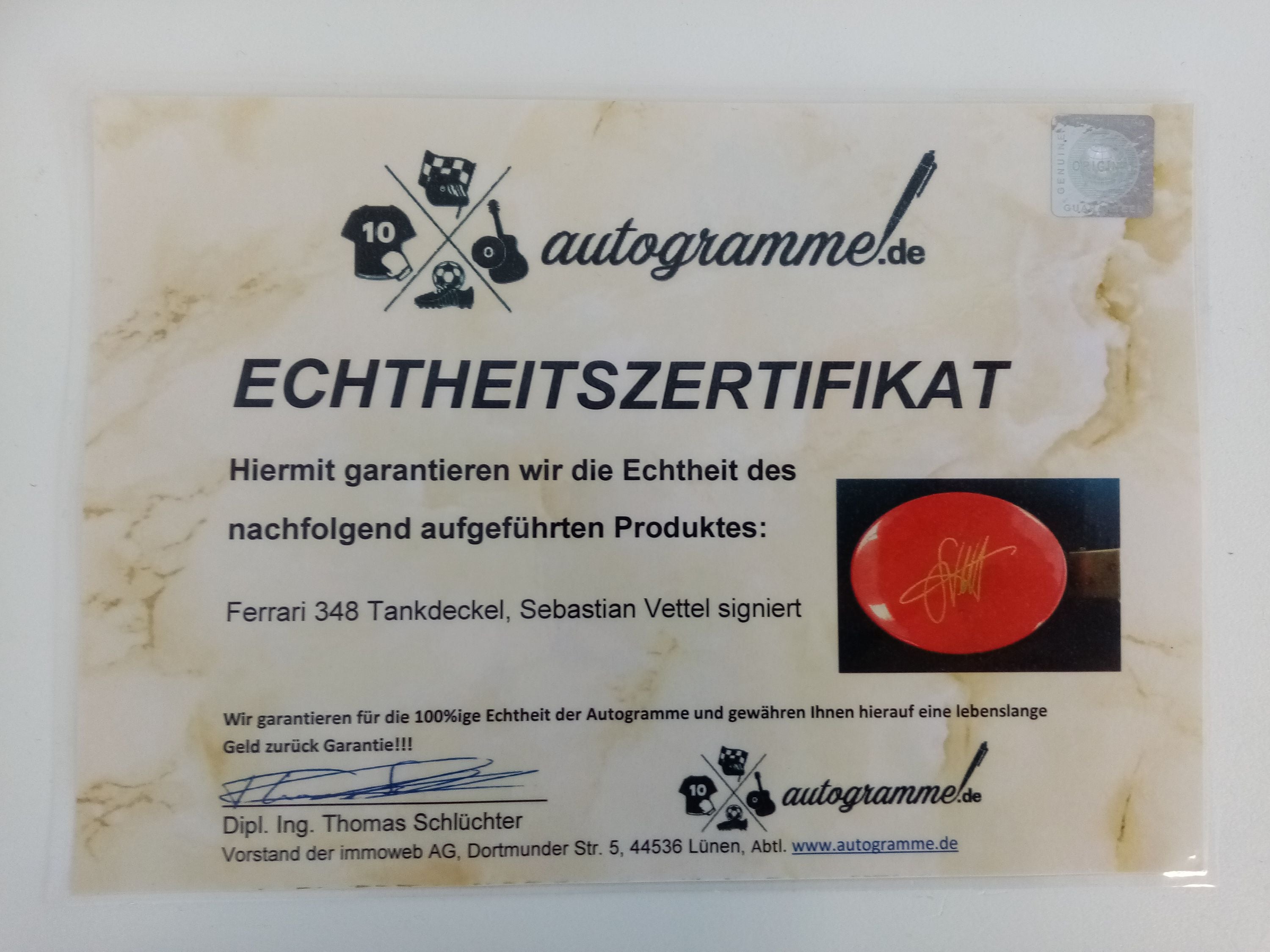 Ferrari 348 fuel lid Sebastian Vettel signed Formula 1 CoA