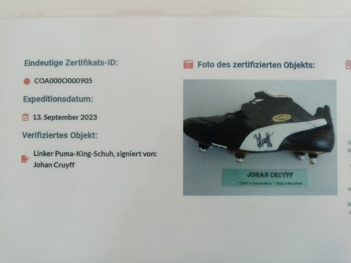 Fußballschuh Johan Cruyff signiert Beleuchtung Niederlande Holland Puma COA