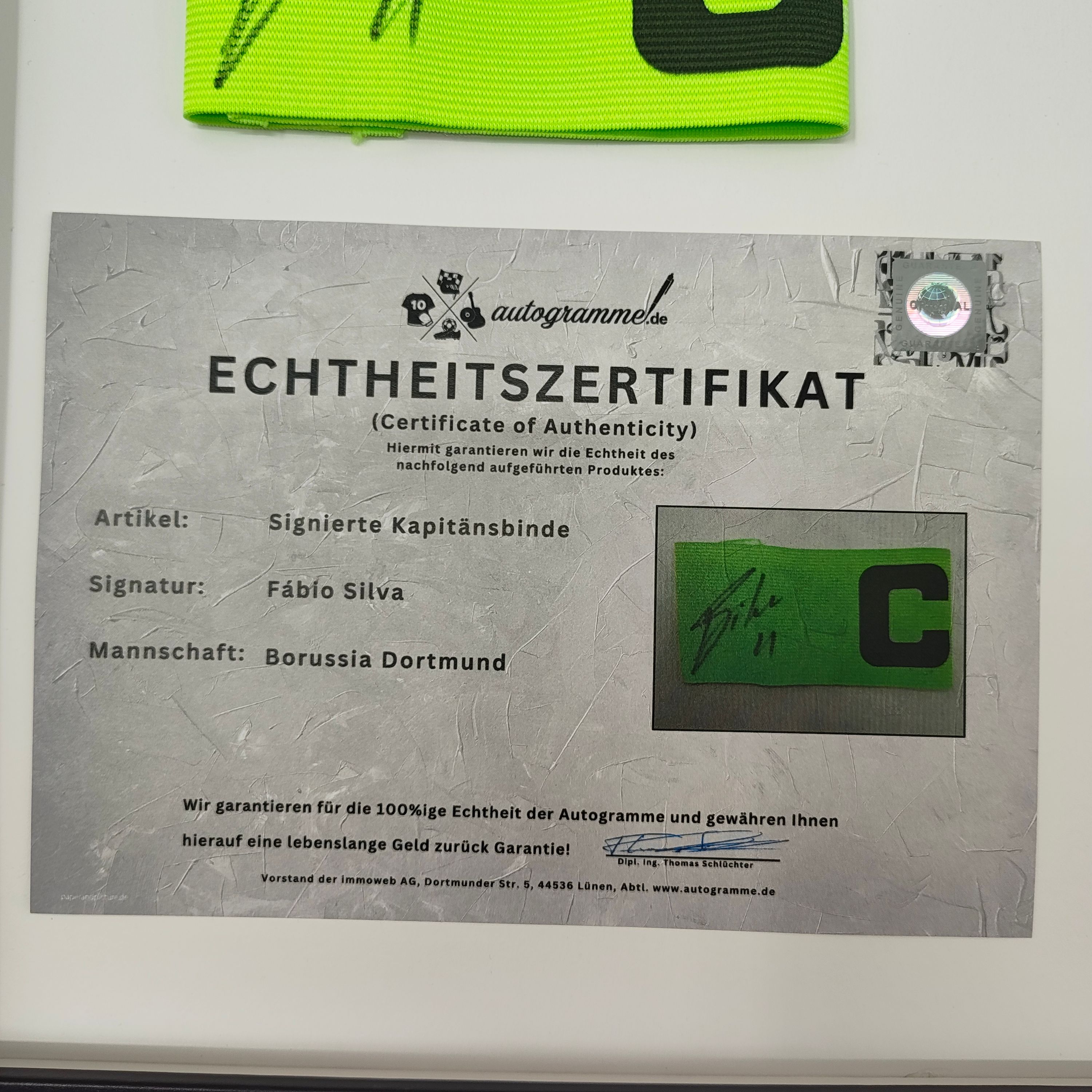 Kapitänsbinde Fabio Silva signiert im Rahmen Borussia Dortmund Autogramm COA