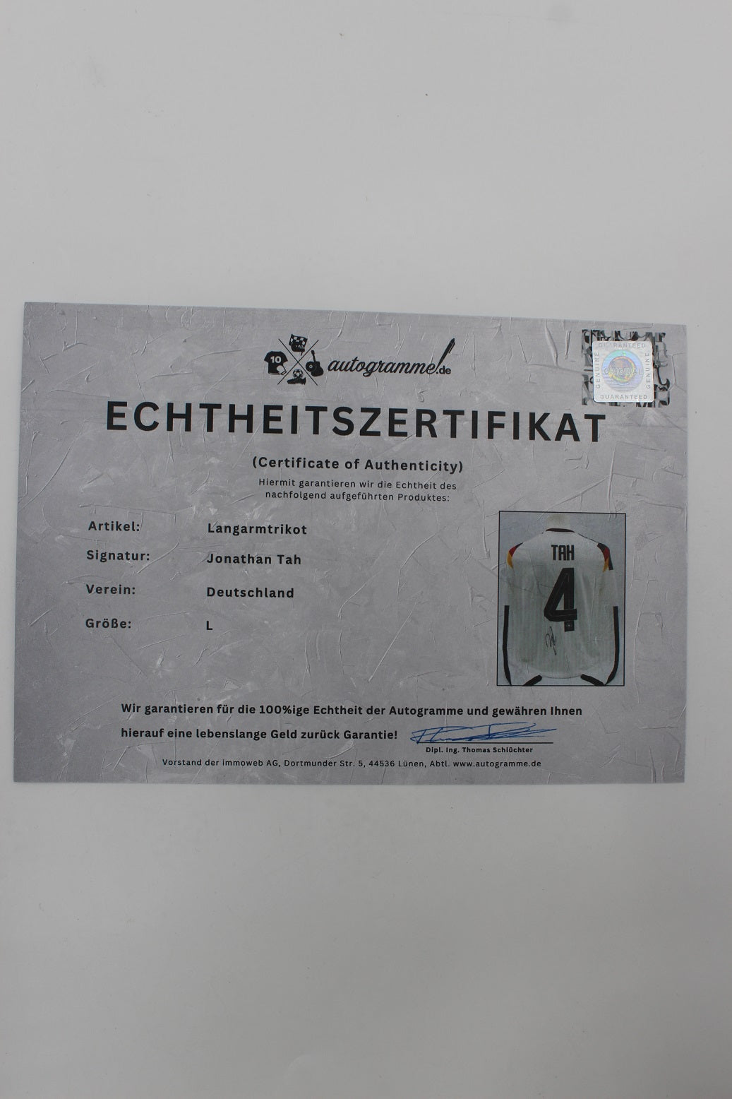DFB Langarmtrikot WM 2026 Jonathan Tah signiert Autogramme Adidas COA neu L