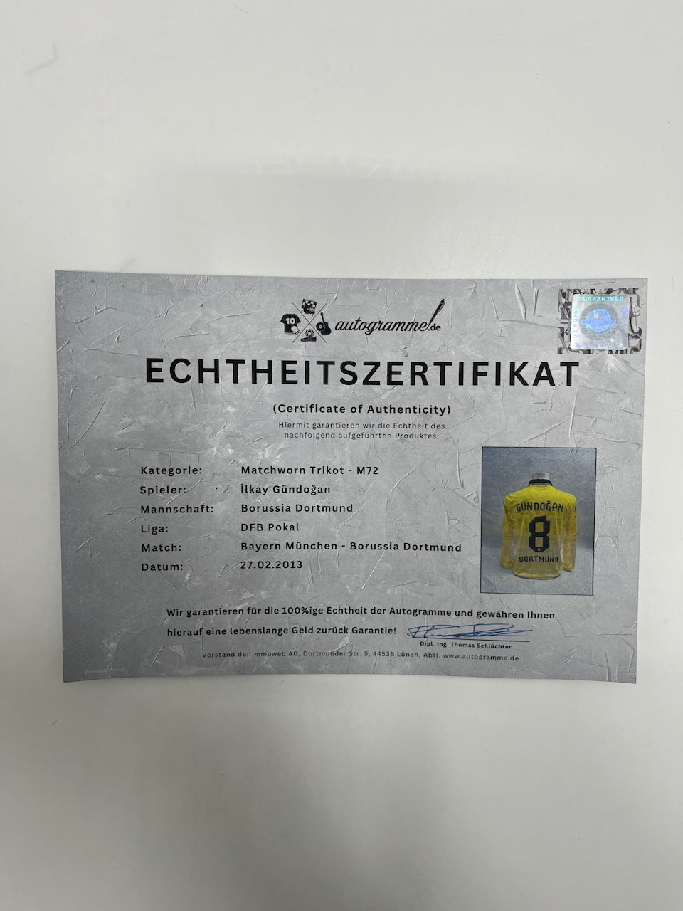 Matchworn Dortmund Trikot getragen von Ilkay Gündogan 27.02.2013 FCB-BVB