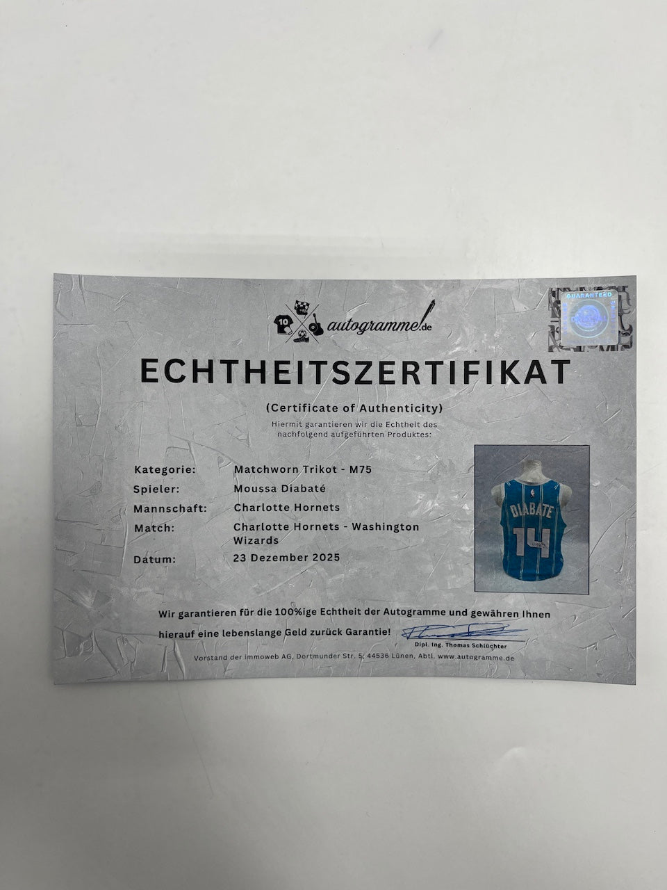 Matchworn Hornets Trikot getragen + signiert von Moussa Diabate 23.12.2025