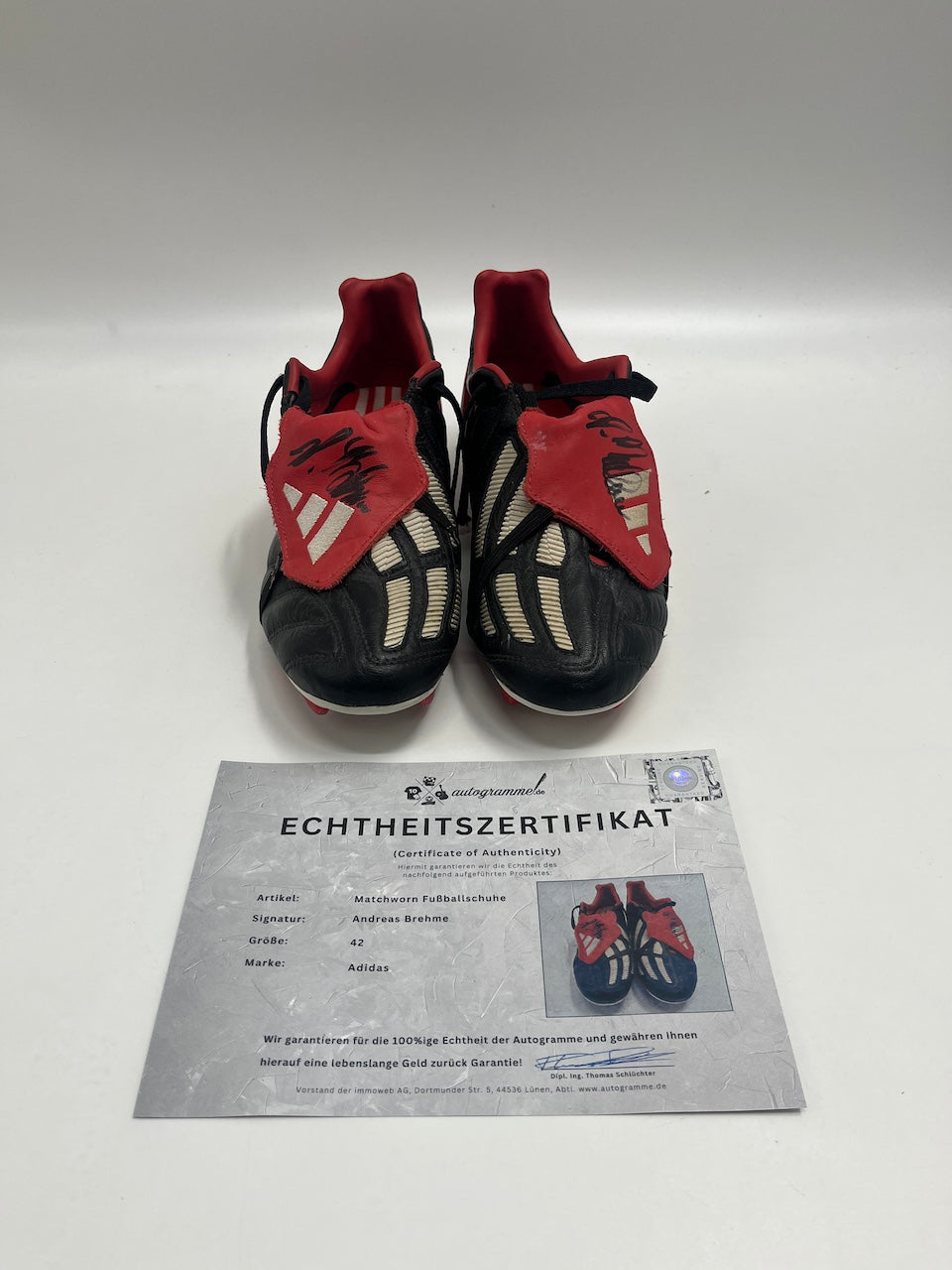 Matchworn Fußballschuhe Andreas Brehme signiert Adidas FCB COA