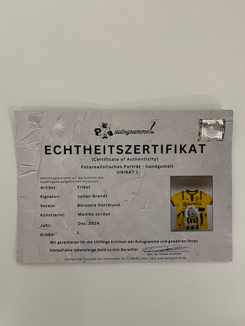 Borussia Dortmund jersey portrait Julian Brandt hand painted and signed as part of PUMA BVB