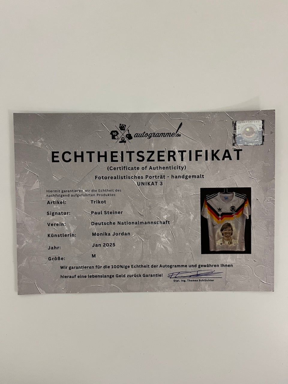 DFB jersey portrait Paul Steiner world champion in 1990 and signed in the context of Adidas M