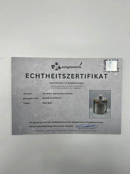 David Coulthard Formel 1 getragen und signierte Rennunterwäsche Nomex COA