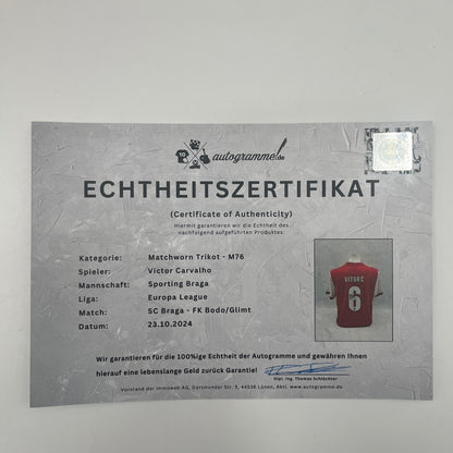 Matchworn SC Braga Trikot getragen & signiert von Vitor Carvalho 23.10.2024