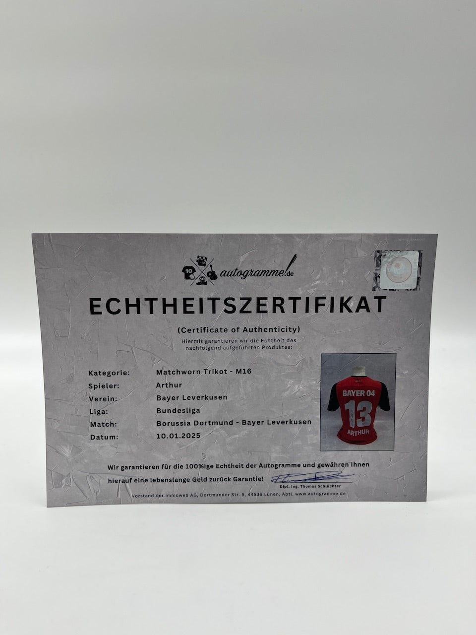 Matchworn Leverkusen Trikot getragen & signiert von Arthur 10.01.2025