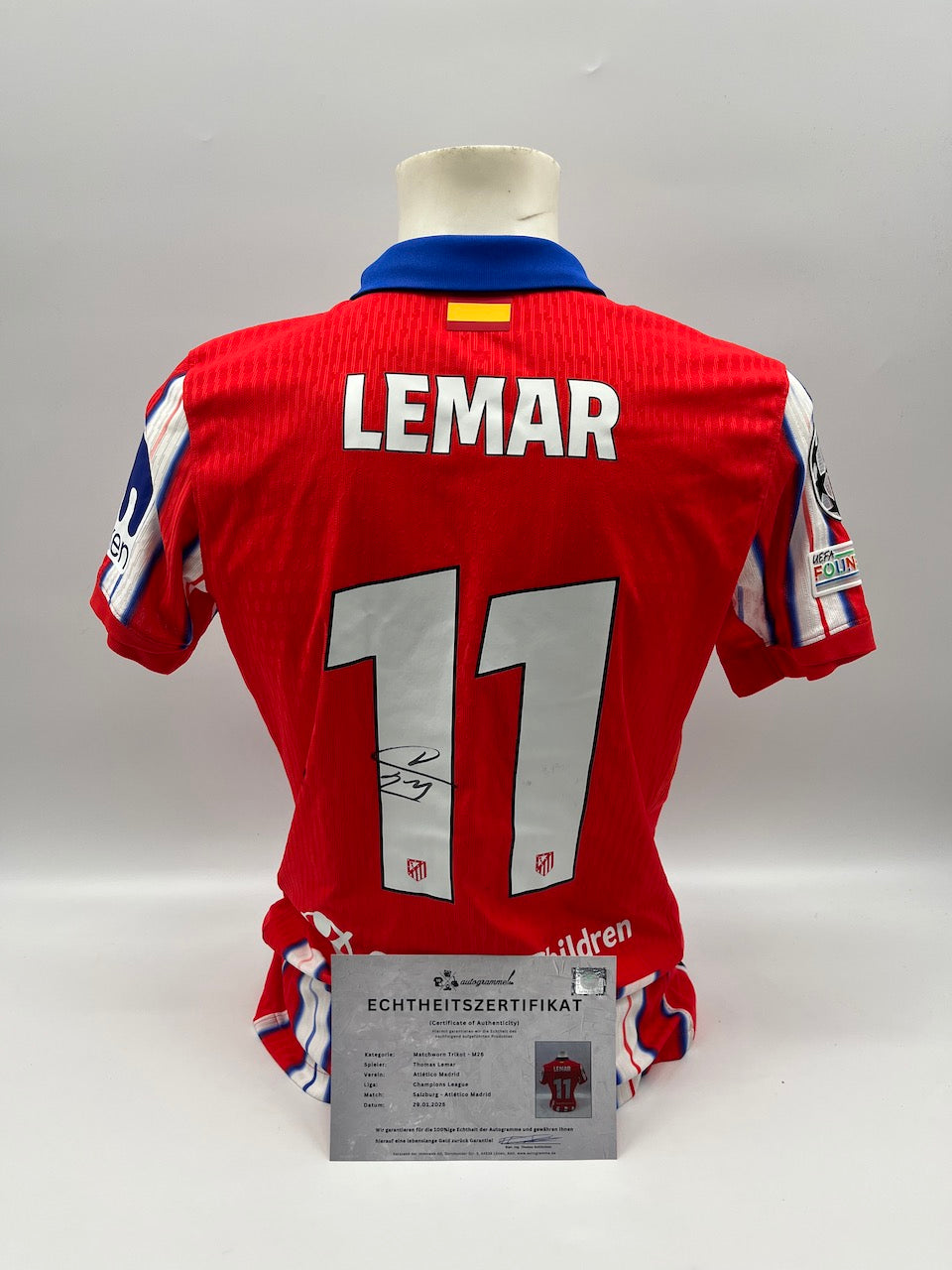 Matchworn Atletico Madrid Trikot getragen & signiert von Thomas Lemar 29.01.25