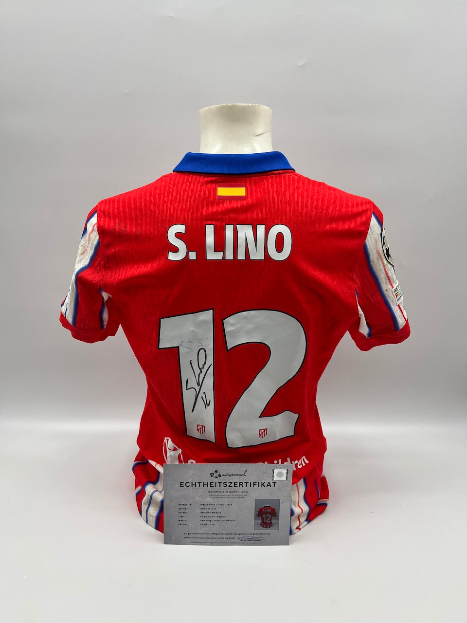 Matchworn Atletico Madrid Trikot getragen & signiert von Samuel Lino 29.01.25