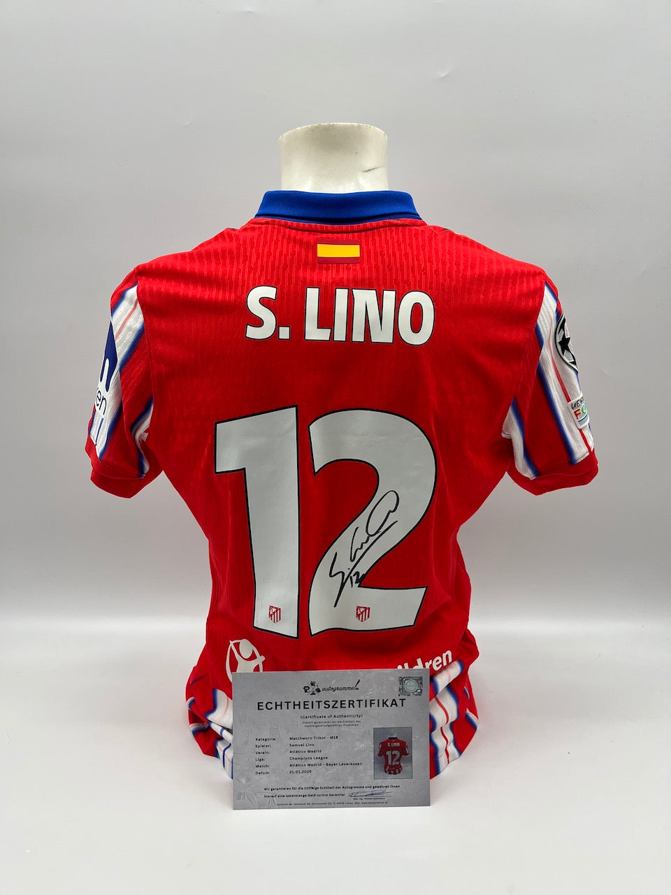 Matchworn Atletico Madrid Trikot getragen & signiert von Samuel Lino 21.01.2025