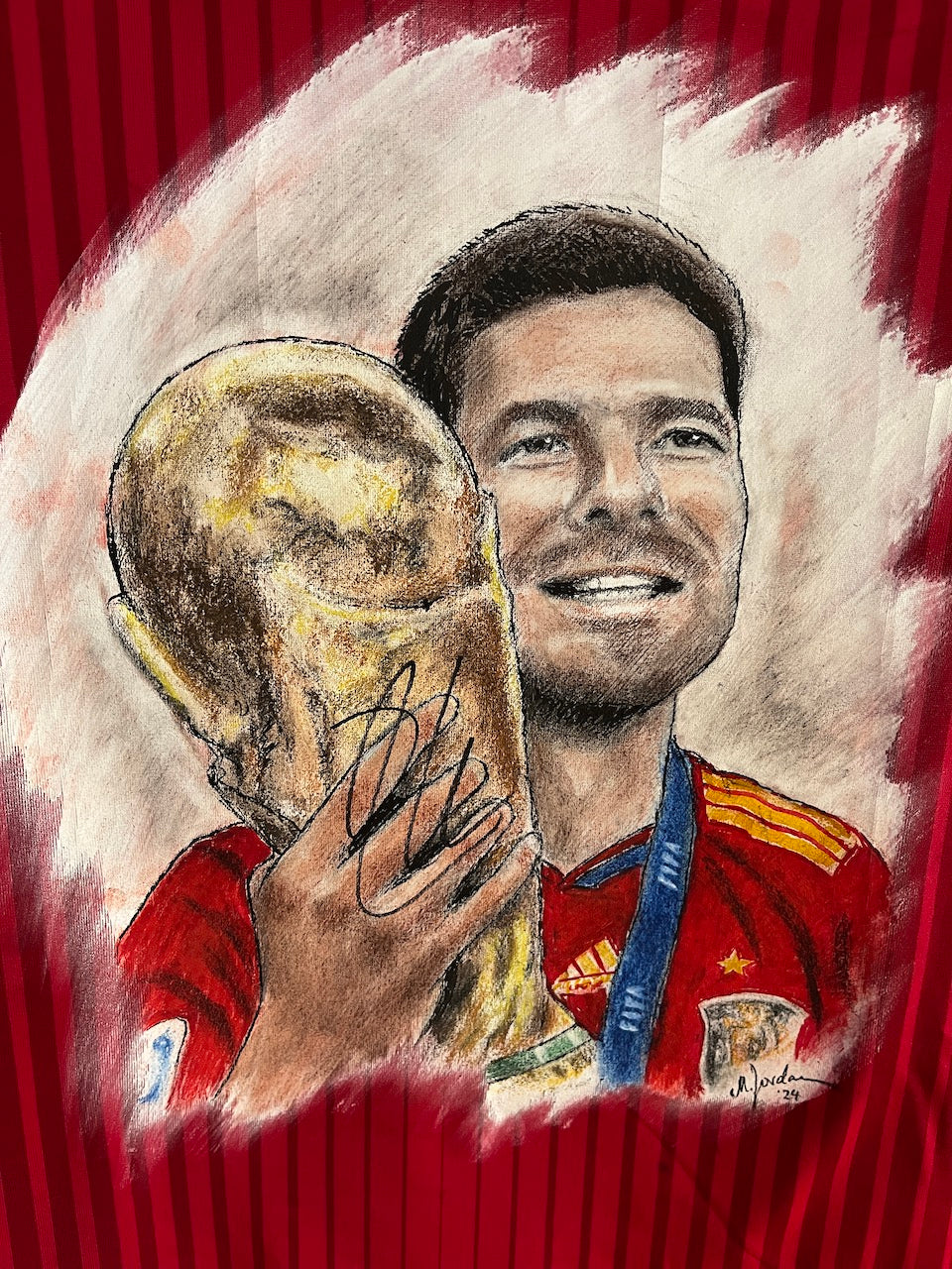 Spanien Trikot Portrait Xabi Alonso handgemalt und signiert im Rahmen S