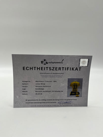 Match-worn Dortmund jersey set worn by Julian Weigl on October 29, 2016