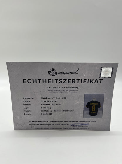 Matchworn Dortmund jersey worn by Ilkay Gündogan 05.12.2015 Wolfsburg-BVB
