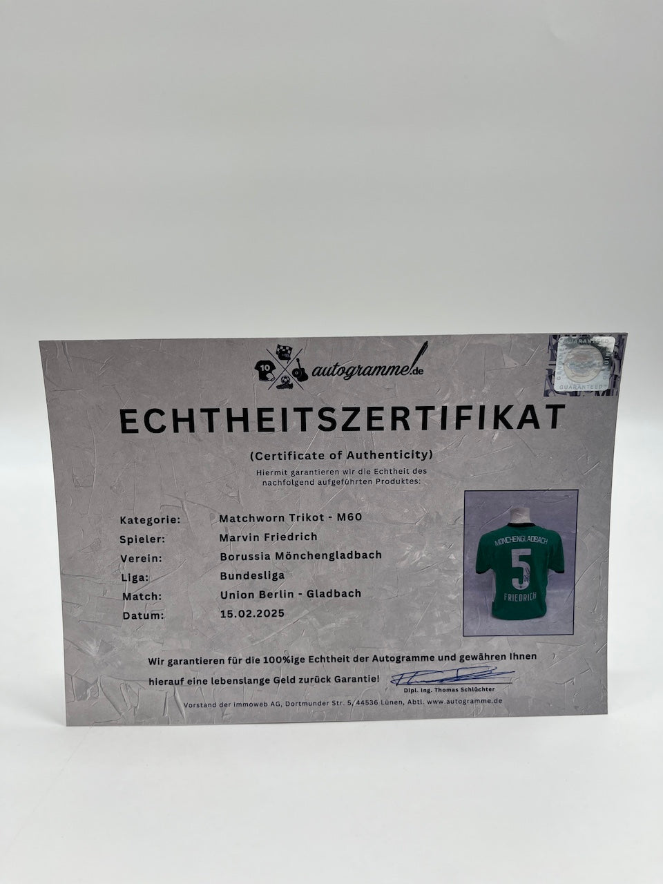 Matchworn Gladbach Trikot getragen & signiert von Marvin Friedrich 15.02.2025