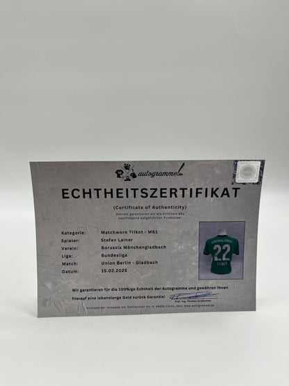 Matchworn Gladbach jersey worn & signed by Stefan Lainer 15.02.2025