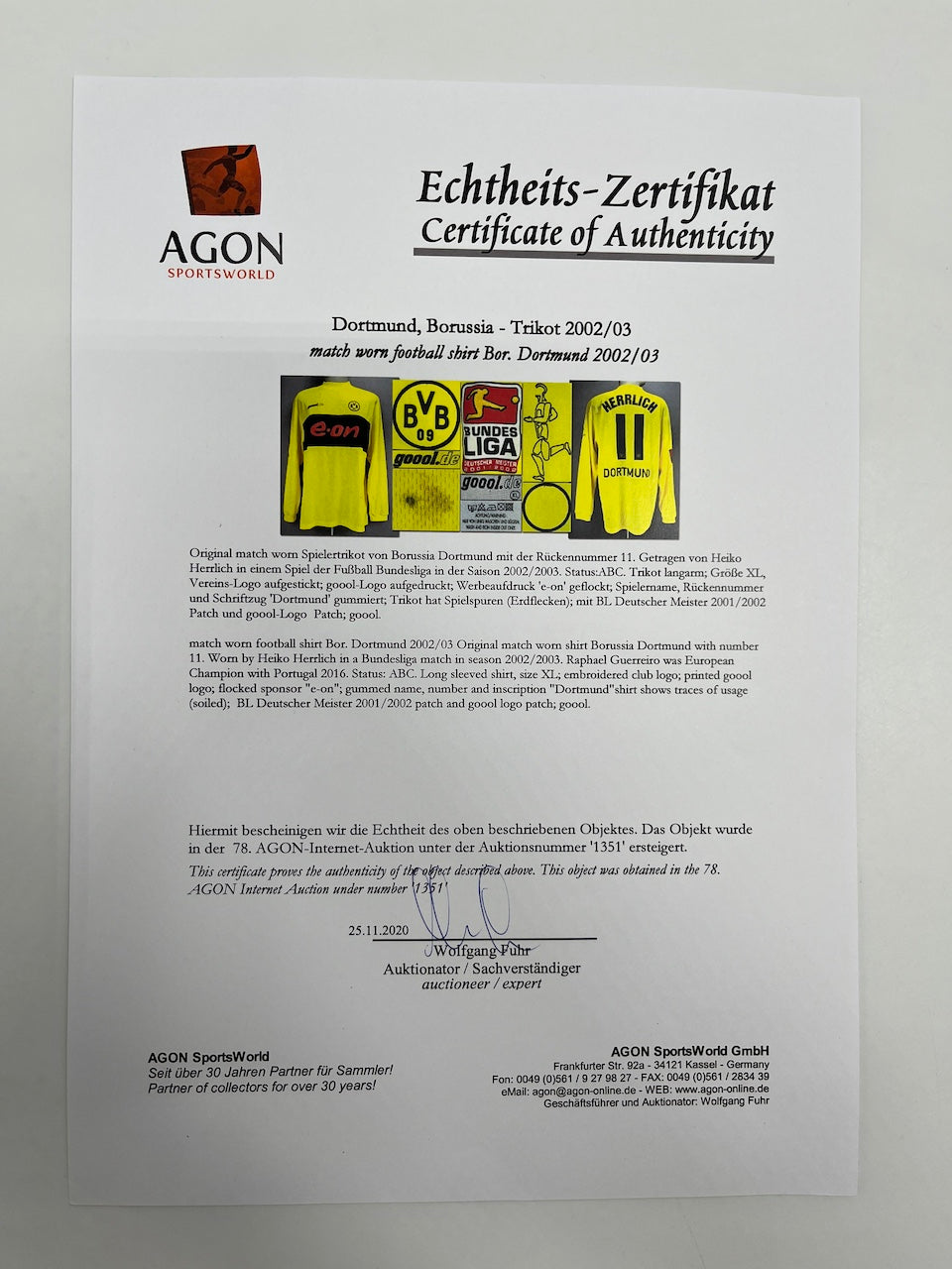 Matchworn Dortmund jersey worn by Heiko Herrlich 2002/2003 Bundesliga