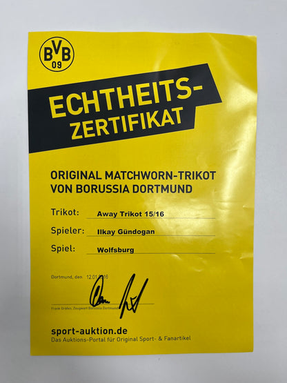 Matchworn Dortmund jersey worn by Ilkay Gündogan 05.12.2015 Wolfsburg-BVB
