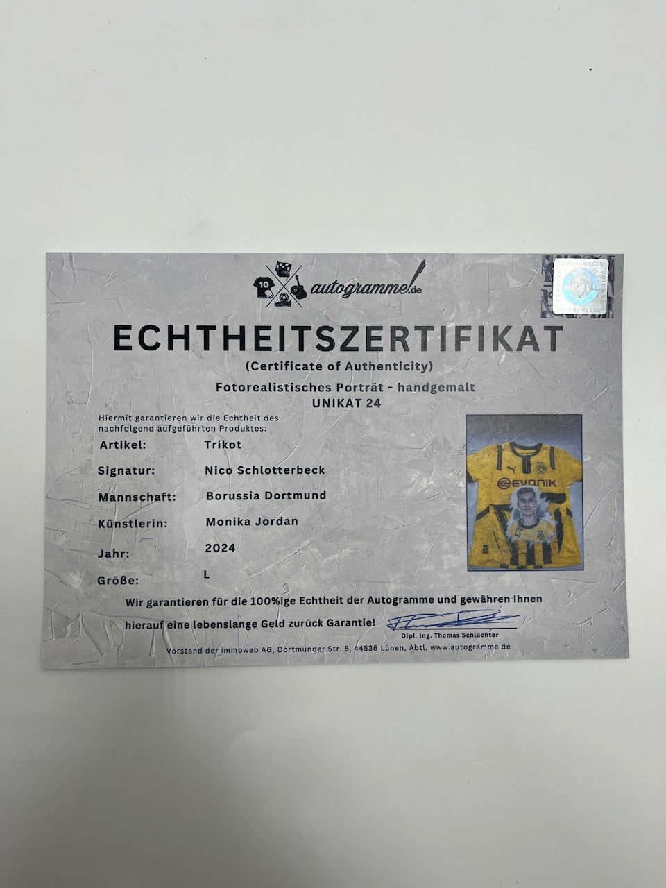 Borussia Dortmund jersey portrait Nico Schlotterbeck hand painted and signed BVB