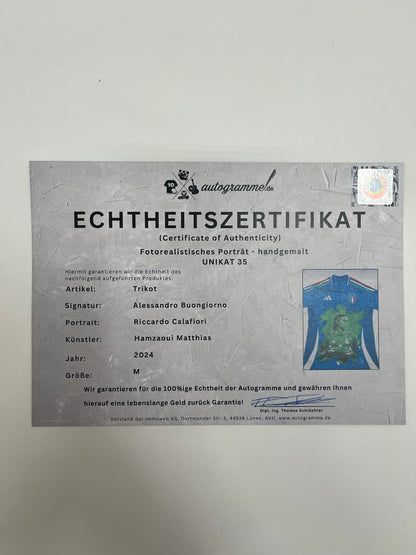 Italy jersey portrait calafiori hand painted and adidas signed by Buongiorno