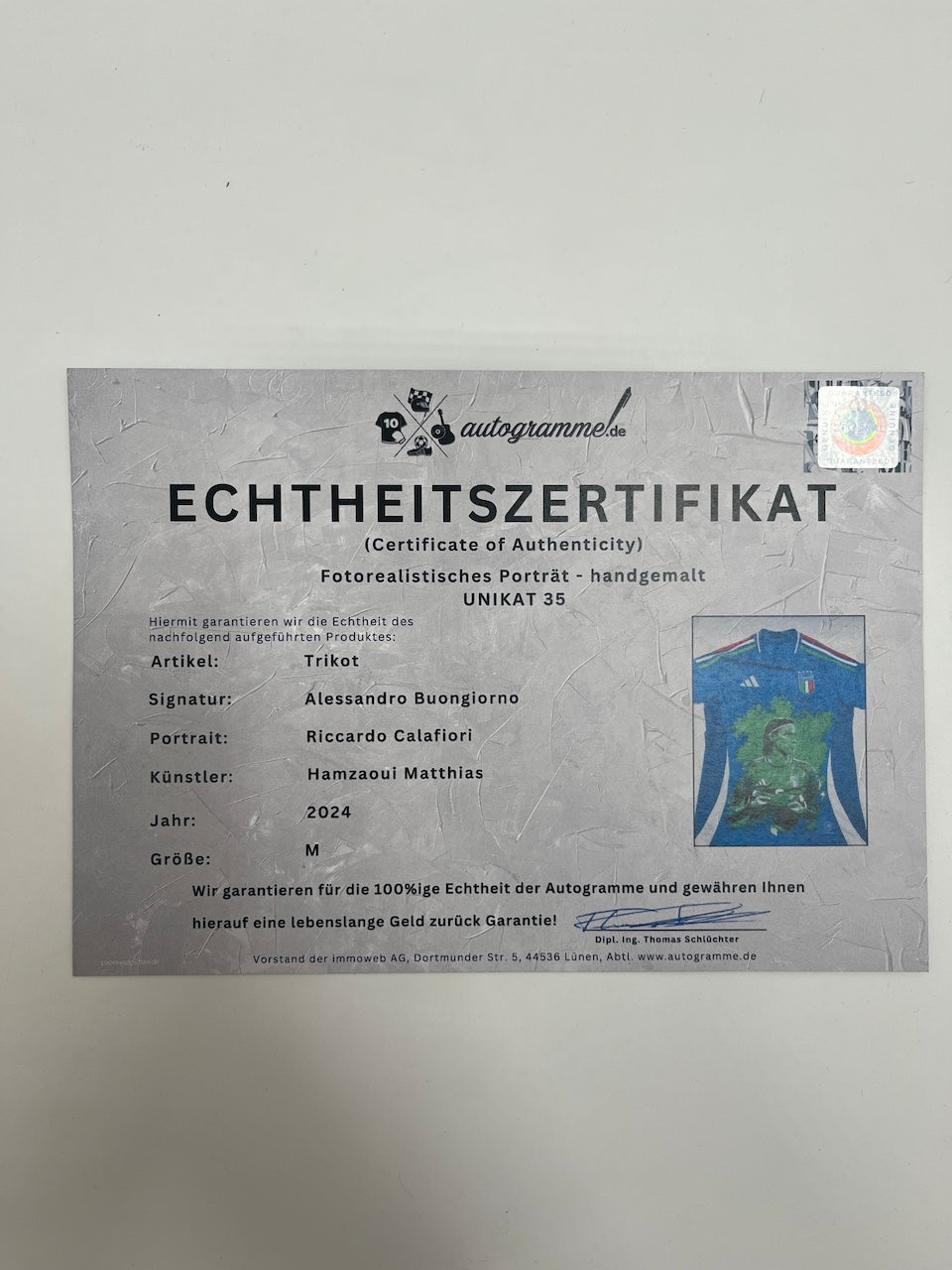 Italy jersey portrait calafiori hand painted and adidas signed by Buongiorno