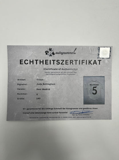 Real Madrid jersey Jude Bellingham signed in Coa Adidas Football 140 as part of CoA Adidas