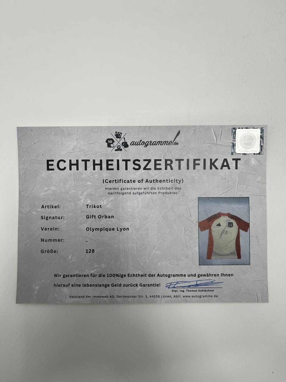 Olympique Lyon jersey Gift Orban signed in CoA Adidas Football 128