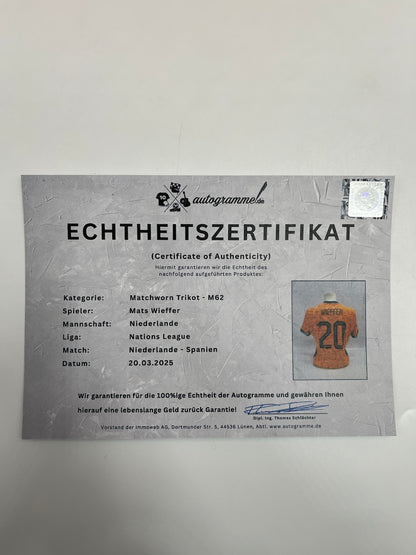 Matchworn Netherlands Worn and signed by Mats Wieffer 20.03.2025