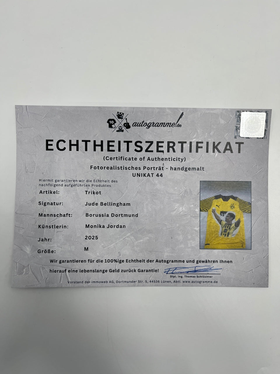 Borussia Dortmund jersey portrait Jude Bellingham hand painted and signed Puma