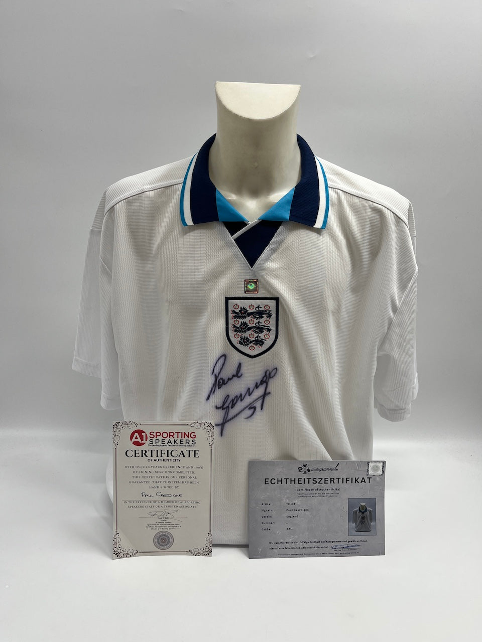 England Repro Trikot Paul Gascoigne signed autograph COA XXL
