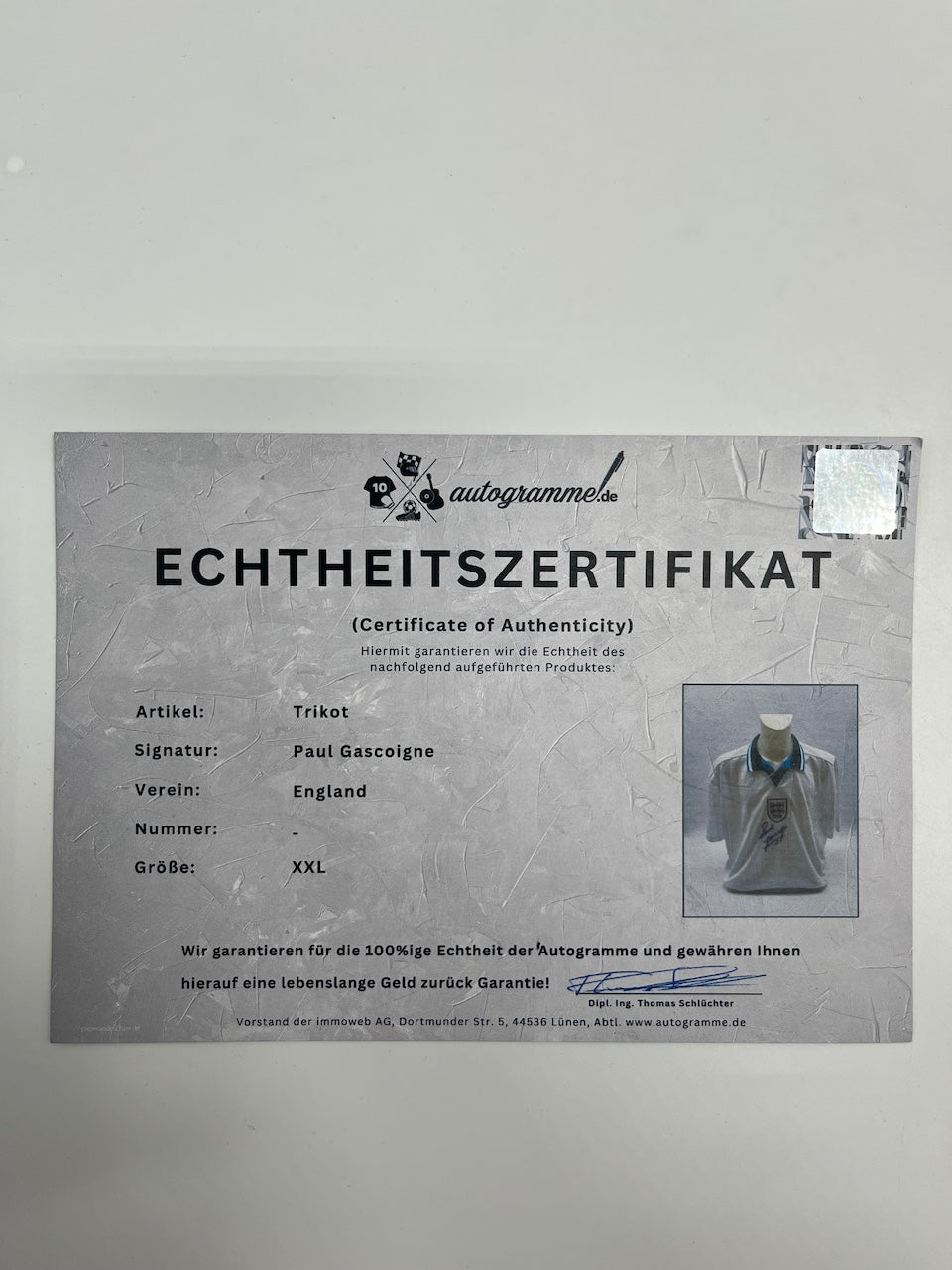 England Repro Trikot Paul Gascoigne signed autograph COA XXL