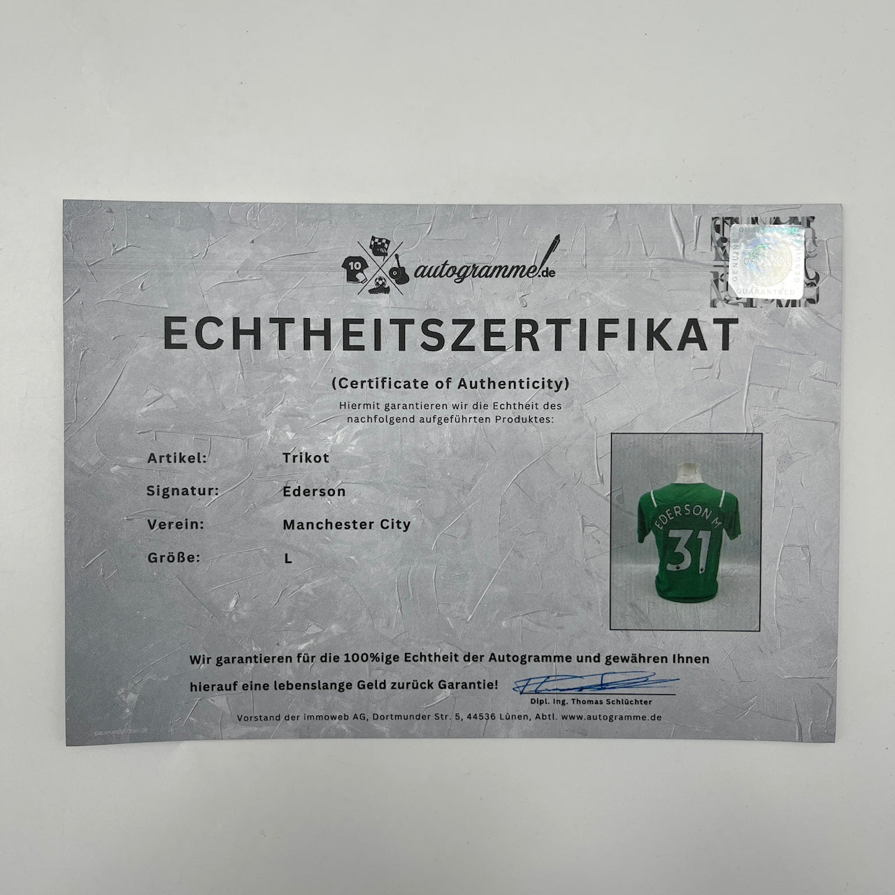 Manchester City Trikot Ederson signiert Autogramm Puma COA L