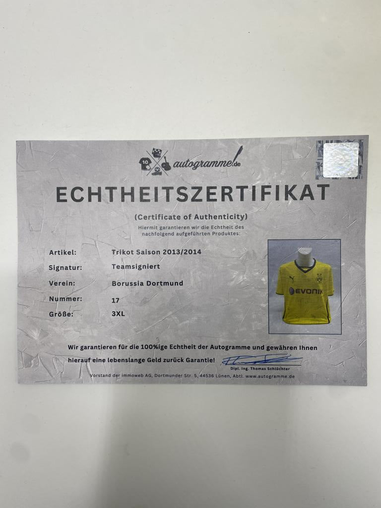 BVB jersey 2013/2014 team signed Borussia Dortmund COA Puma 3XL