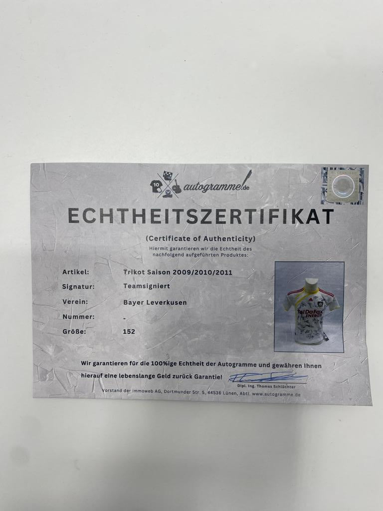 Bayer Leverkusen jersey, 2009/2010/2011 season, team signed, autographed, COA Adidas 152