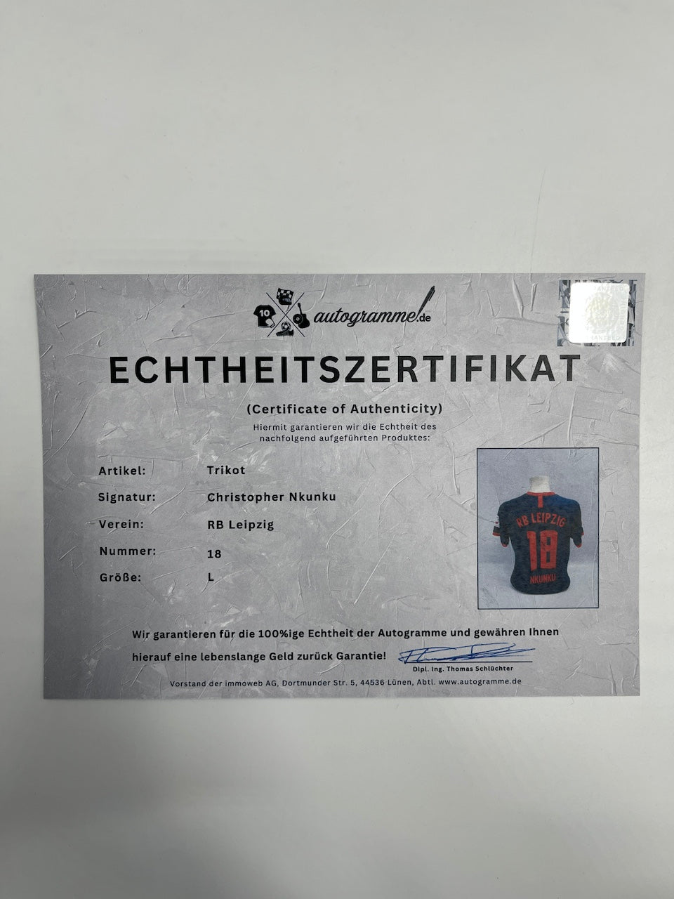 RB Leipzig Trikot Christopher Nkunku signiert COA Autogramm Fußball Nike Neu L