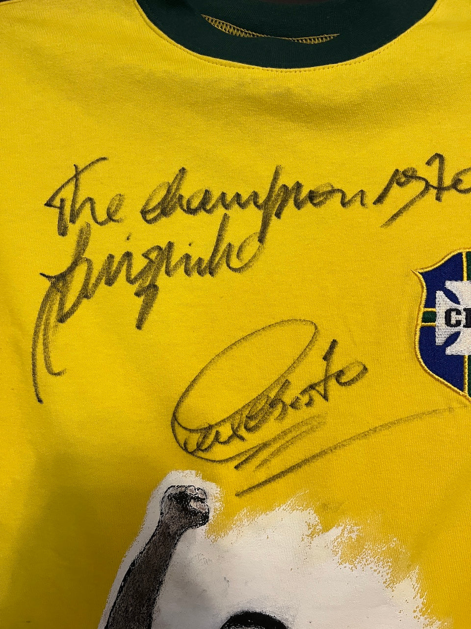 Brazil Repro Jersey Portraits of Pele, Jairzinho, and Alberto, hand-painted and signed