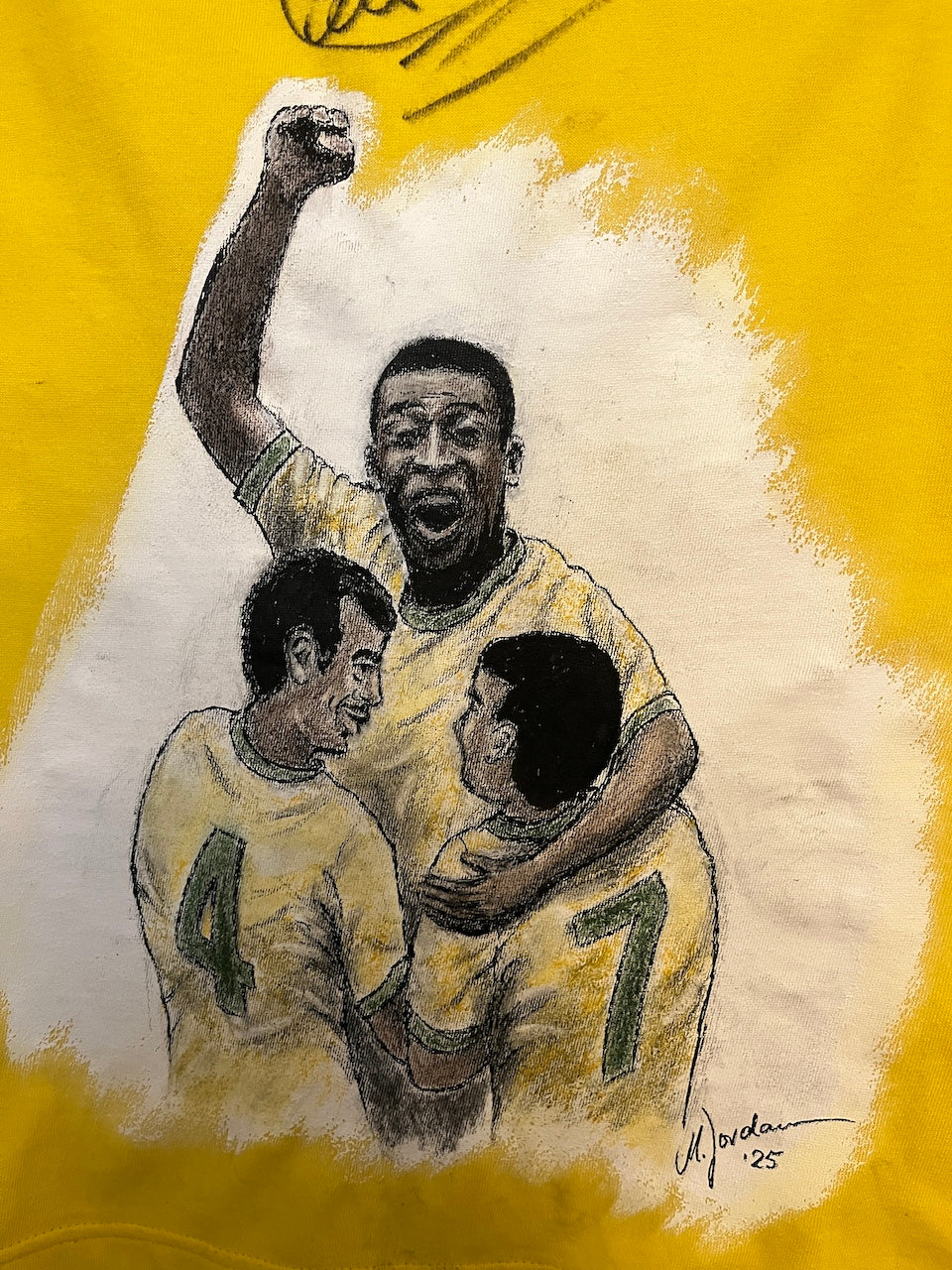 Brazil Repro Jersey Portraits of Pele, Jairzinho, and Alberto, hand-painted and signed
