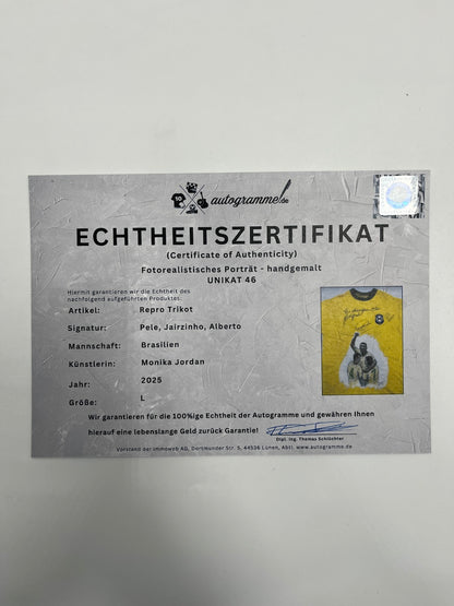 Brazil Repro Jersey Portraits of Pele, Jairzinho, and Alberto, hand-painted and signed