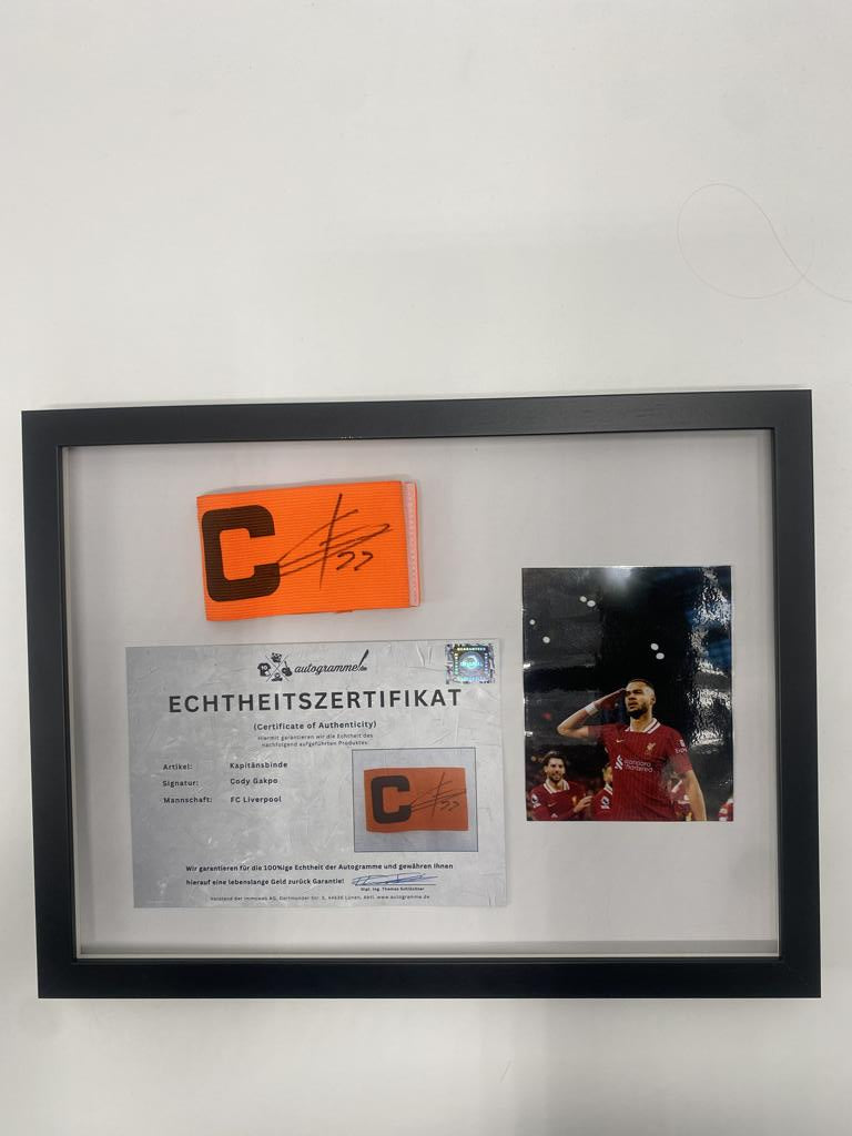 Captain's armband signed by Cody Gakpo in a frame FC Liverpool autograph COA