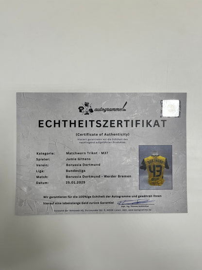 Matchworn Dortmund jersey worn by Jamie Gitten 25.01.2025 BVB-Bremen