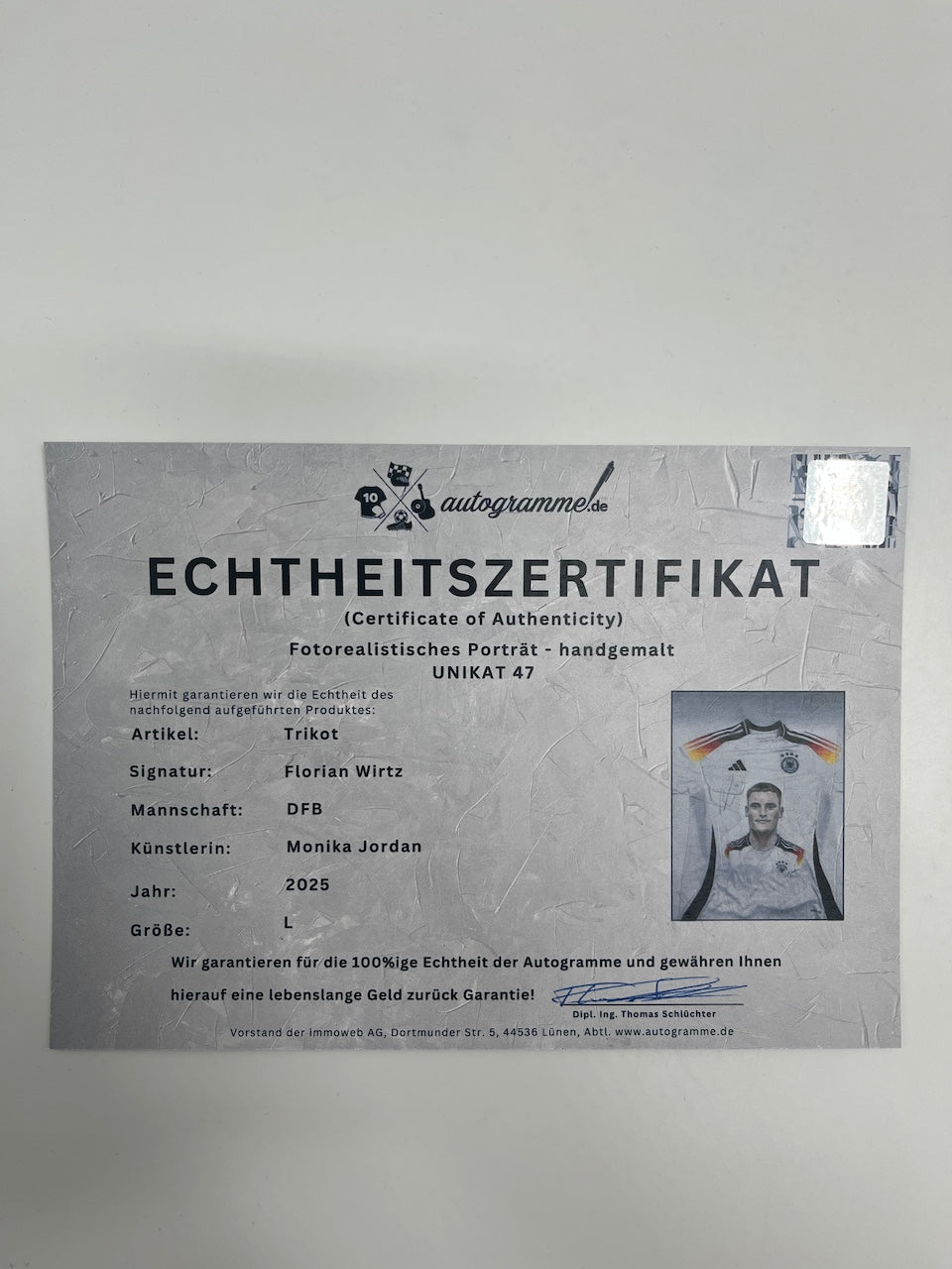 DFB jersey portrait of Florian Wirtz, hand-painted and signed, Adidas L