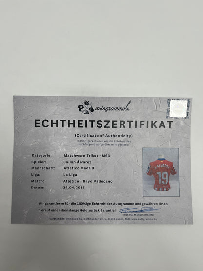 Match-worn Atletico Madrid jersey worn and signed by Julian Alvarez on April 24, 2025