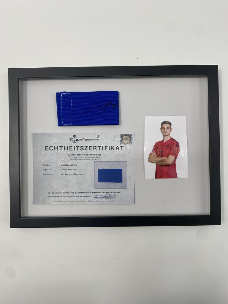 Captain's armband Josip Stanisic signed in a Bayern Munich football autograph frame