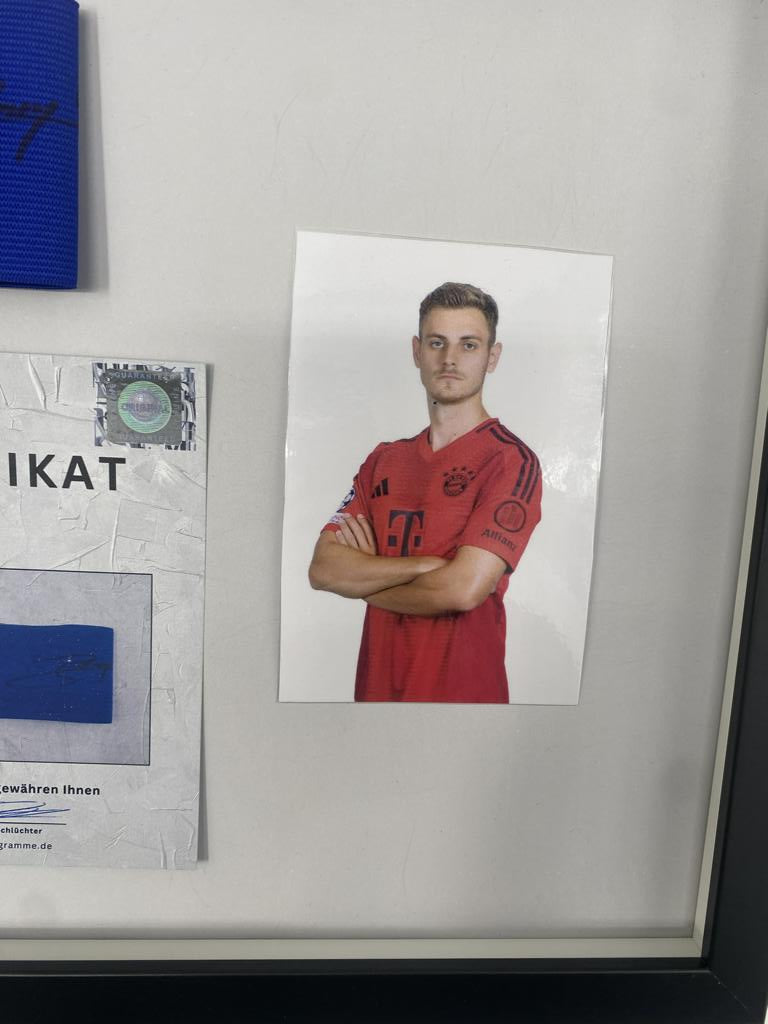 Captain's armband Josip Stanisic signed in a Bayern Munich football autograph frame