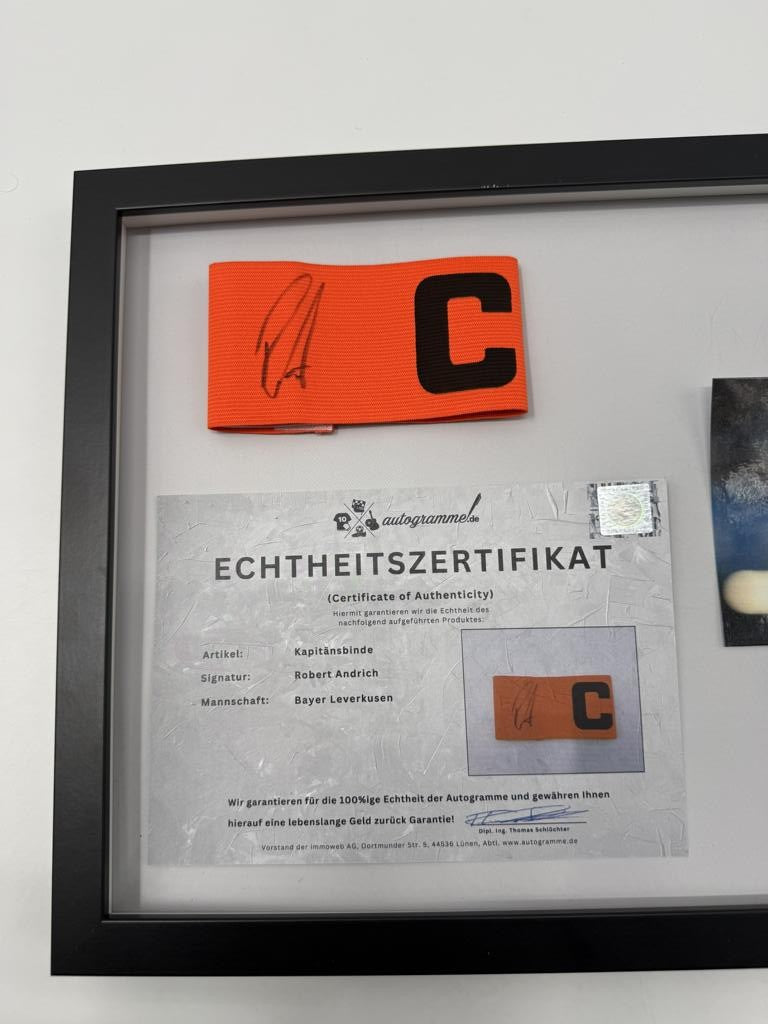 Captain's armband signed by Robert Andrich in a frame, Bayer 04 Leverkusen autograph